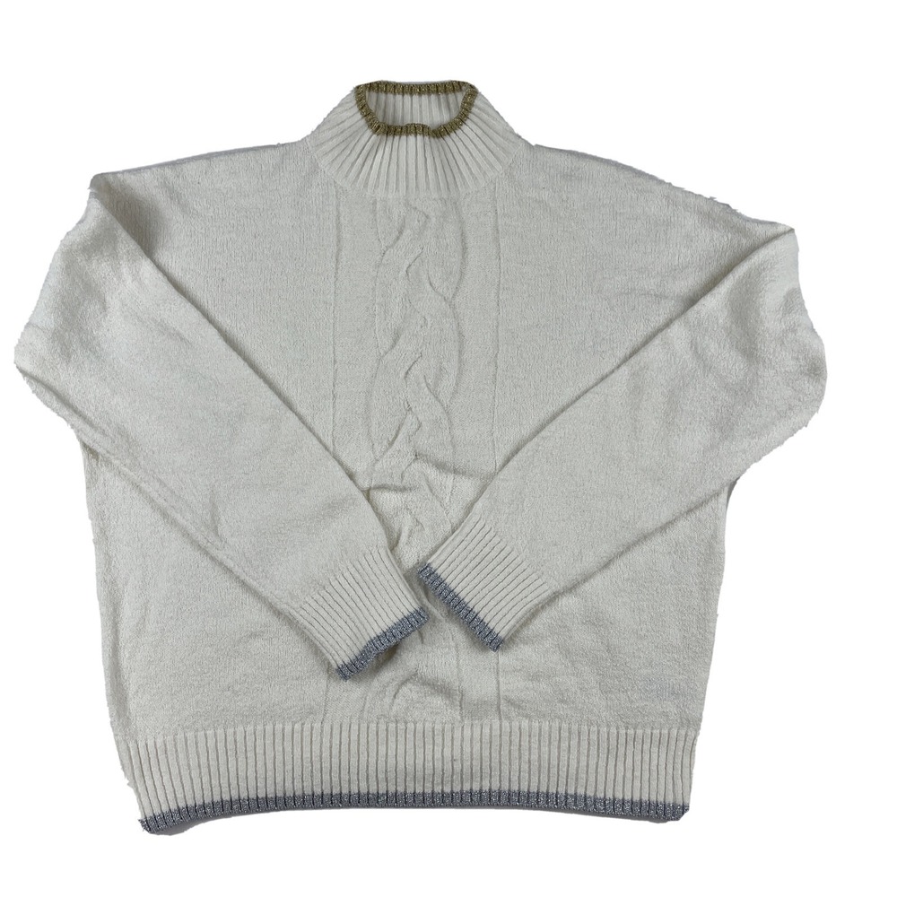 Popsugar White Gold Silver Metallic Trim Mock Neck Sweater Size S Cable Knit
